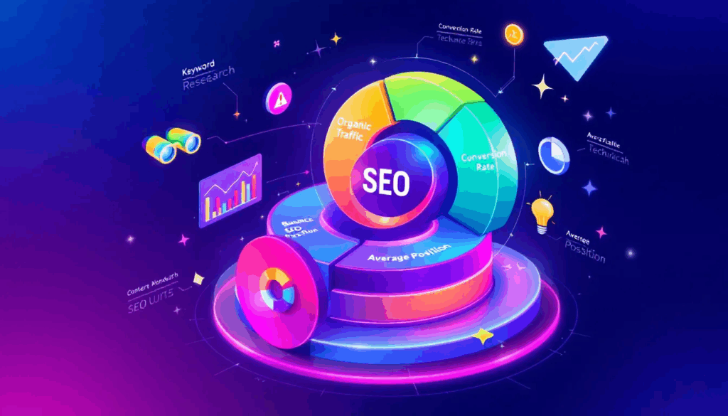 An illustration depicting various SEO metrics being analyzed.
