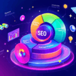 An illustration depicting various SEO metrics being analyzed.