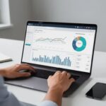 A person is focused on analyzing website analytics displayed on their laptop screen, which features various charts and graphs related to website performance. The data likely includes insights on user behavior, conversion rate optimization, and key metrics essential for improving search engine optimization and enhancing the overall user experience.