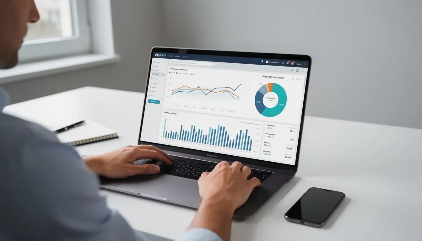 A person is focused on analyzing website analytics displayed on their laptop screen, which features various charts and graphs related to website performance. The data likely includes insights on user behavior, conversion rate optimization, and key metrics essential for improving search engine optimization and enhancing the overall user experience.